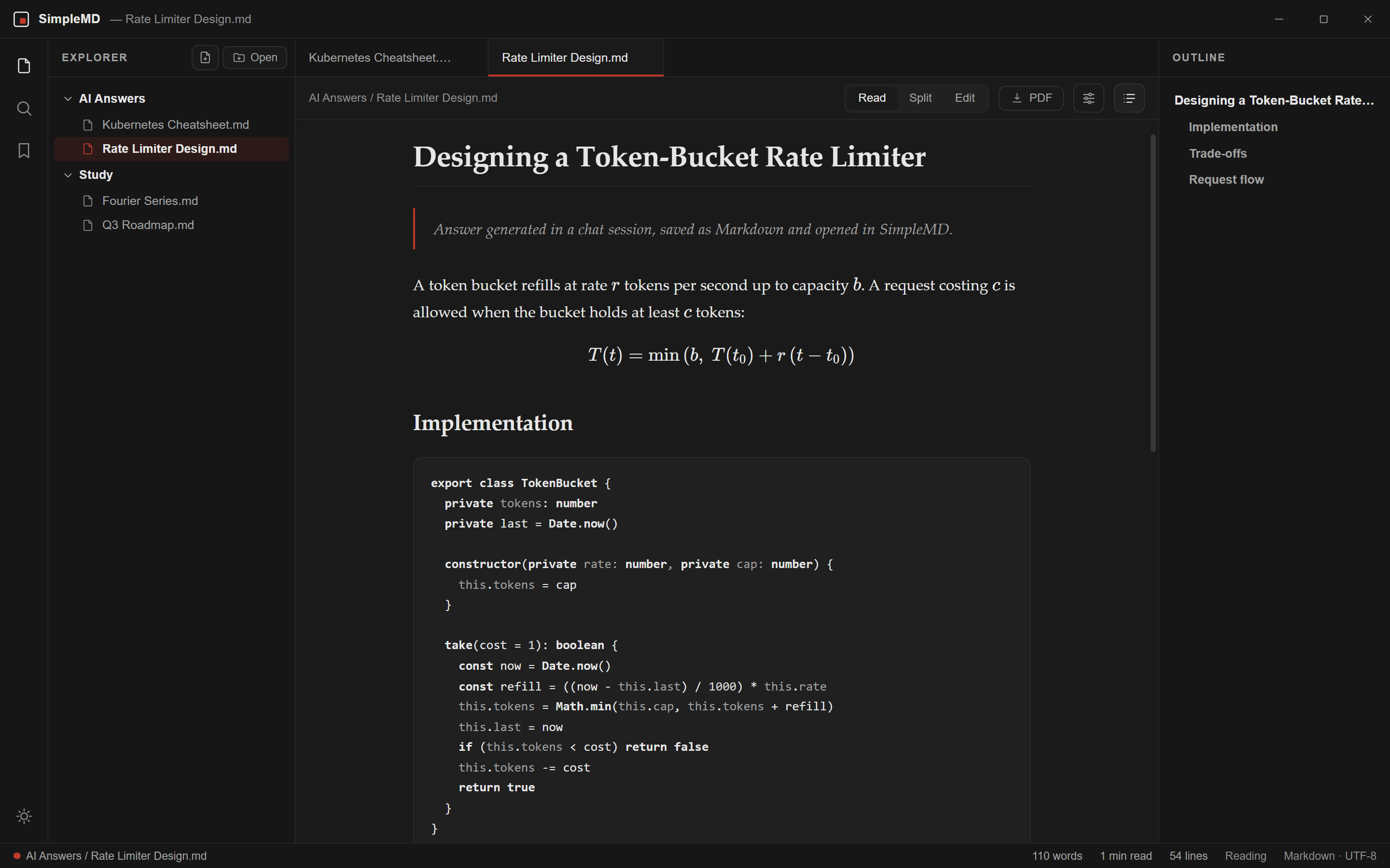 SimpleMD reading an AI-generated rate limiter design: a typeset equation, highlighted TypeScript and the outline panel.