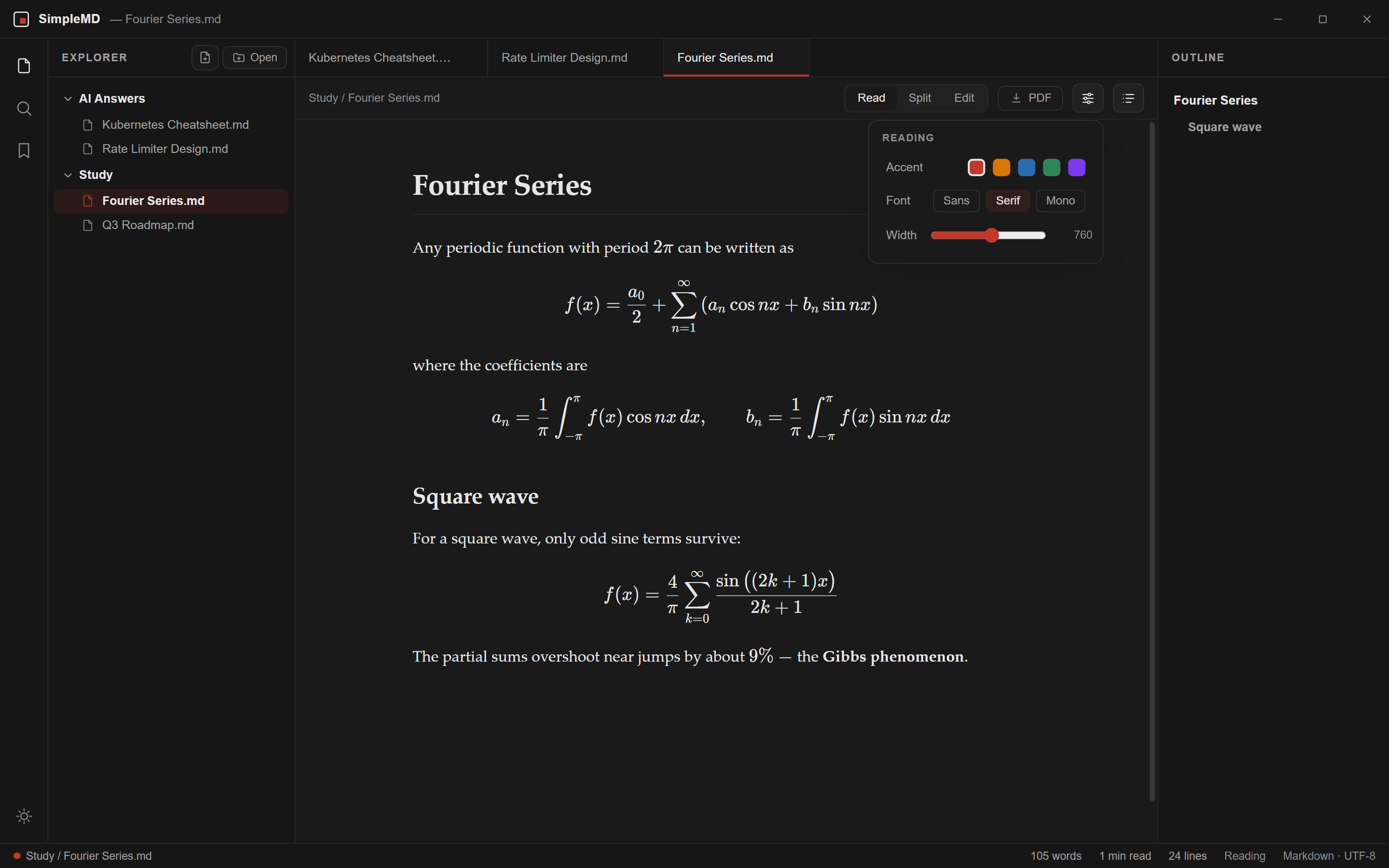 Reading preferences open over a page of Fourier series equations: accent colours, font choice and reading width.