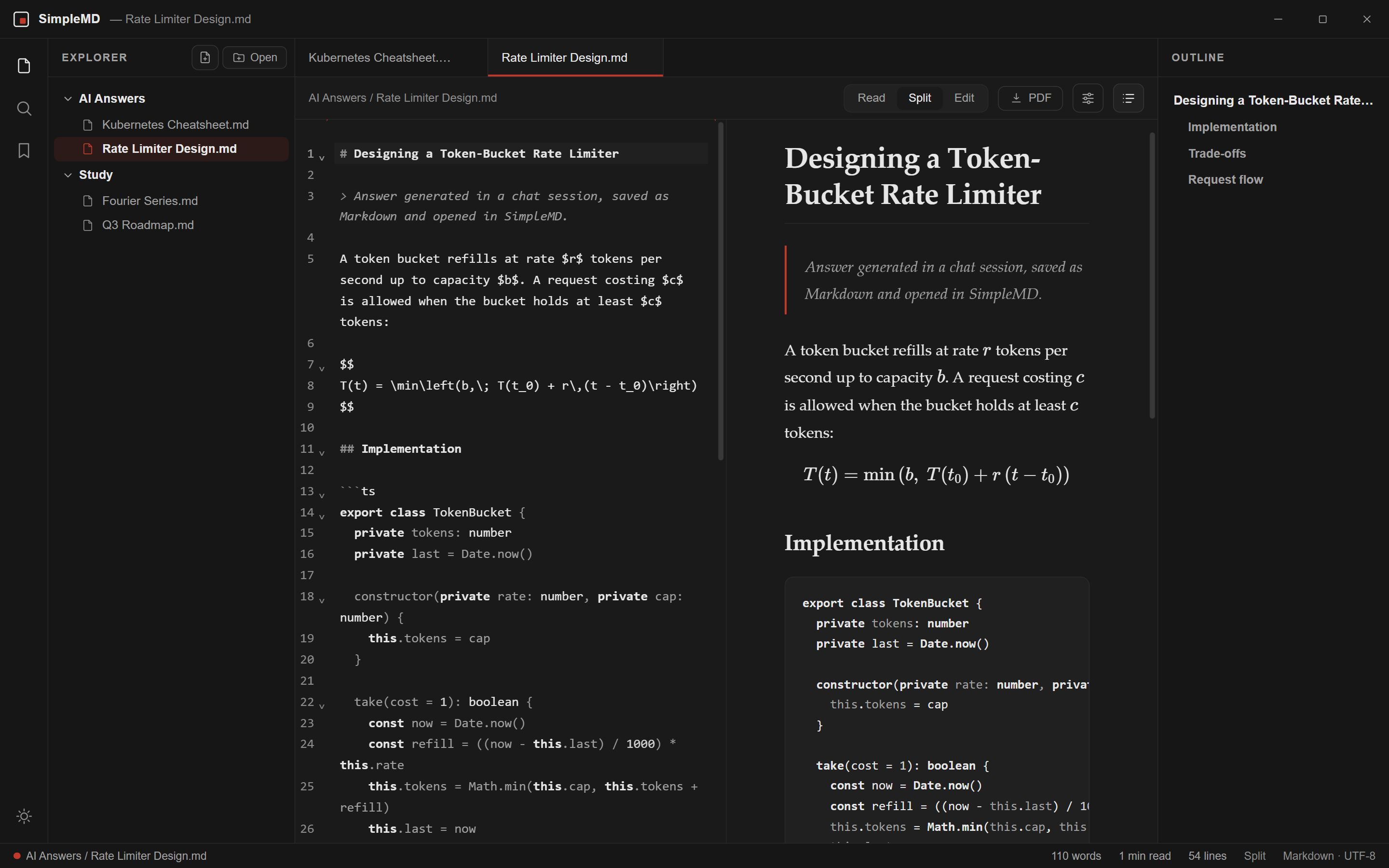 Split view: Markdown source in the editor on the left, the rendered preview on the right.